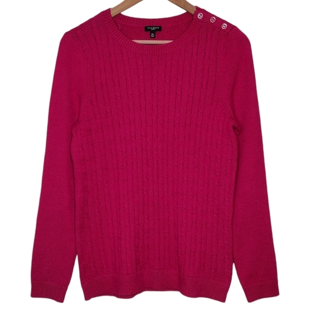 Talbots Hot Pink Cable Knit Shoulder Button Long Sleeve Crewneck Sweater Size Mp